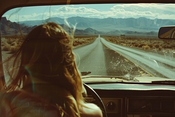 a woman driving a car down a desert road