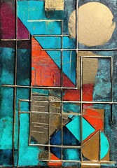 Geometric metallic accents grunge painting with mixed media sponging on canvas. Contemporary painting. Modern poster for wall decoration