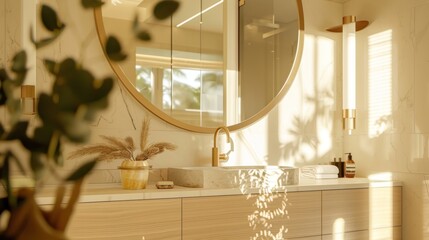 Obraz premium A large circular mirror reflects the warm light and serene environment making the space feel even more open and inviting. 2d flat cartoon.