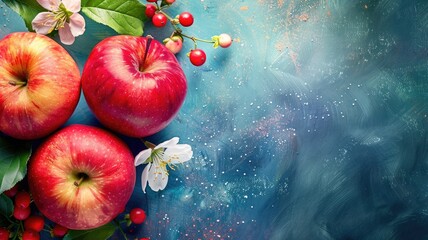 Vibrant red apples with blossoms on textured blue background