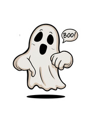 A minimalist cartoon illustration of a spooky ghost thumbs down and say "boo", for t-shirt design PNG