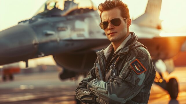 Man in pilot attire stands confidently front of fighter jet at sunset
