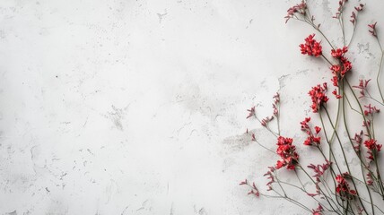 Red flowers spread diagonally across textured white background