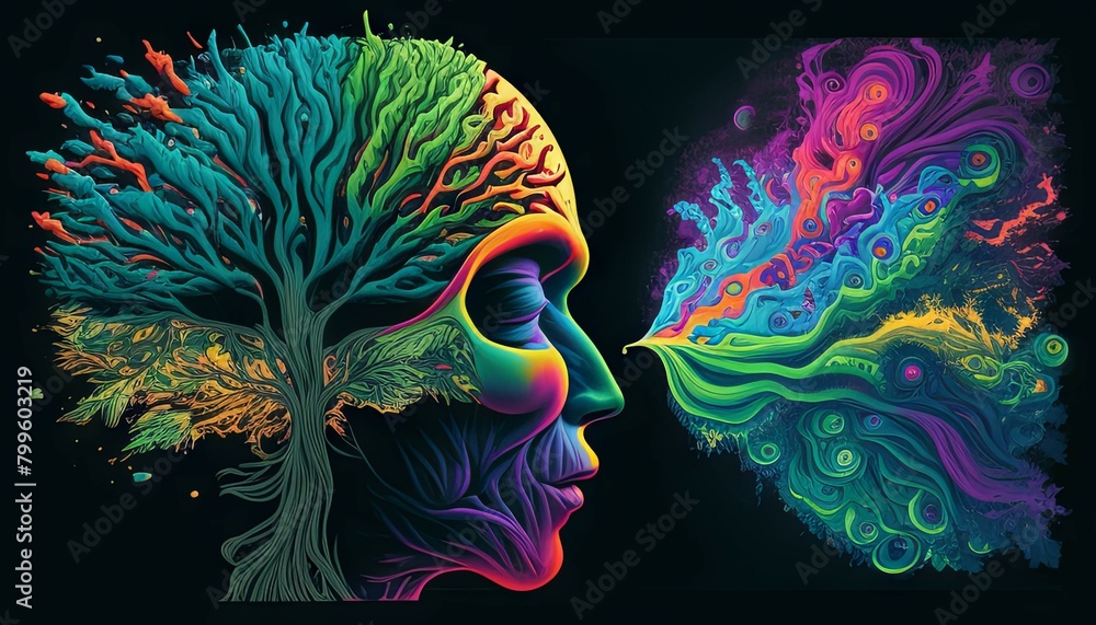 Poster Vibrant tree brain melding with colorful abstract - This artwork illustrates a human profile with a brain-shaped tree, blending into an abstract swirl of vivid colors and patterns