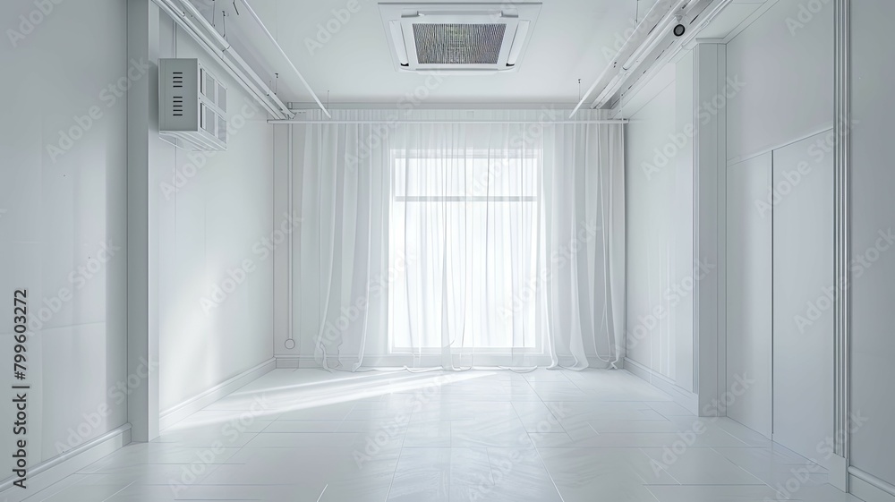 Poster minimalist white room with bright window - this image captures a pristine, minimalist white room flo