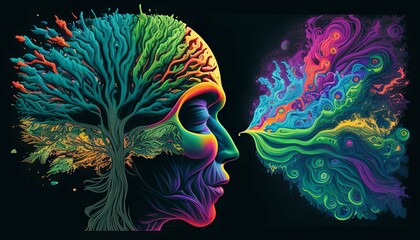 Vibrant tree brain melding with colorful abstract - This artwork illustrates a human profile with a brain-shaped tree, blending into an abstract swirl of vivid colors and patterns