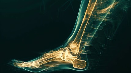 Golden X-ray view of human foot bones - This detailed image showcases an X-ray like visualization of human foot bones with a distinct golden hue against a dark backdrop - obrazy, fototapety, plakaty