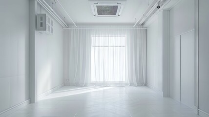 Minimalist white room with bright window - This image captures a pristine, minimalist white room flooded with natural light from a large window, evoking a sense of calm and simplicity - obrazy, fototapety, plakaty