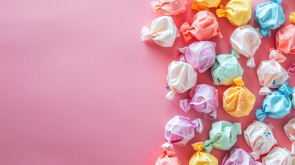 Colorful assortment of inflated balloons on pink background - obrazy, fototapety, plakaty