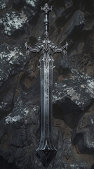 Mysterious black sword with intricate design - This detailed image features a mystically designed black sword with elaborate silver embellishments emerging from rock-like textures - obrazy, fototapety, plakaty