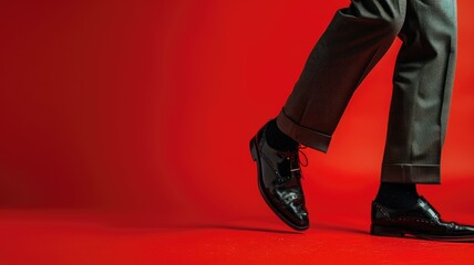 Lower half of person in business attire with polished shoes on red background - obrazy, fototapety, plakaty