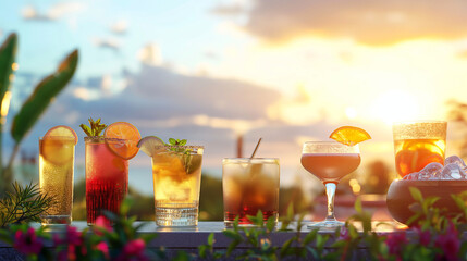 Outdoor cocktail buffet at sunset, beautifully arranged drinks with a sunset view in the background, vibrant colors captured in golden hour light