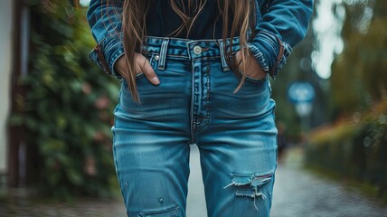 Casual denim fashion on a woman standing - This image captures the midsection of a woman in stylish denim wear standing casually with her hands in pockets - obrazy, fototapety, plakaty