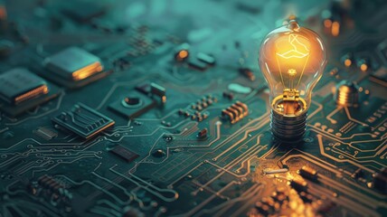 Glowing light bulb on circuit board representing innovation and technology - obrazy, fototapety, plakaty