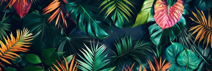 Dark tropical foliage with vibrant accents - This image presents a rich tapestry of tropical foliage in dark tones with vibrant color highlights, creating a mood of mystery and luxury - obrazy, fototapety, plakaty