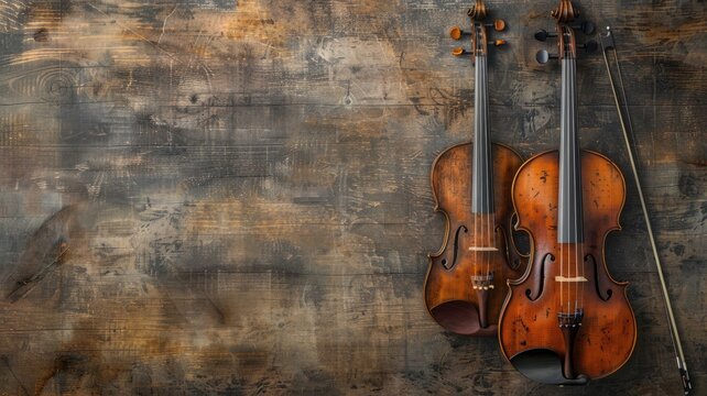 Two violins resting against aged, wooden background with vintage feel
