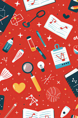 Back to school concept with educational icons - Vibrant educational icons including books, pencils, and science equipment on a lively red background suggesting exciting learning - obrazy, fototapety, plakaty