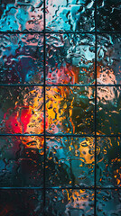 Abstract reflection of city lights on wet glass - Vibrant city lights distort on a wet glass surface, creating an abstract fusion of color and texture - obrazy, fototapety, plakaty