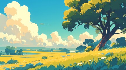Nature Landscape with Blue Sky. Nature landscape with blue sky clouds wallpaper. Cartoon illustration of a road in a field with blue sky and clouds.	
