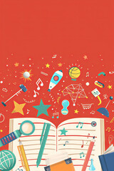 Colorful illustration of education and creativity - Vibrant red background with whimsical drawings of educational and musical symbols emerging from an open book - obrazy, fototapety, plakaty