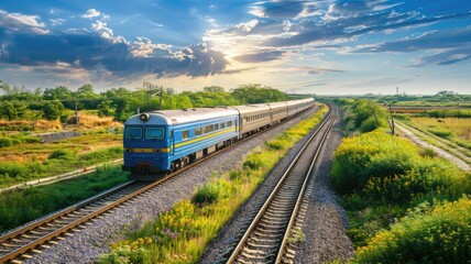 Train moving on tracks through lush countryside under cloudy sky at dawn - obrazy, fototapety, plakaty