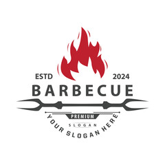 Illustration of a restaurant design with a vintage barbecue logo concept with the concept of a fire burning on a simple bbq hot grill