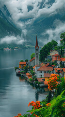 Colorful lakeside village with mountain backdrop - Vibrant image showcasing a colorful village nestled alongside a lake with majestic mountains and cloudy skies overhead - obrazy, fototapety, plakaty