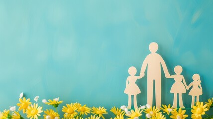 Paper cutout of family with two children on blue background yellow flowers - obrazy, fototapety, plakaty