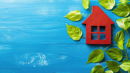 Red house-shaped object on blue wooden surface surrounded by green leaves - obrazy, fototapety, plakaty