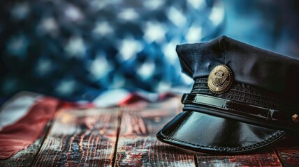 Police officer's cap in front of American flag - obrazy, fototapety, plakaty