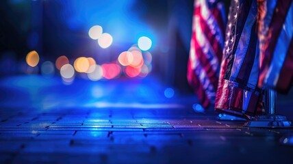 American flags on sidewalk at night with colorful bokeh lights in background