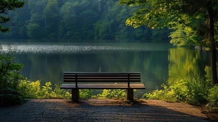 Empty park bench overlooking serene lake surrounded by verdant trees
