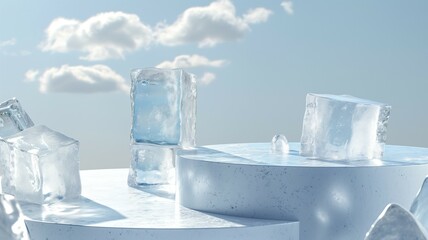 Podium mockup, cool ice cube summer background for product display, 3d render