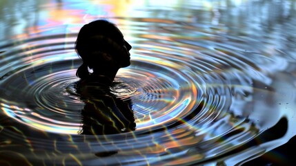 A still image of water ripples with a persons reflection in the center but their outline is wavering and distorted mimicking the idea of a fluctuating identity due to neural alterations..