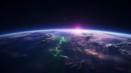 Obraz premium Beautiful view of Earth from space, purple and green Northern Lights