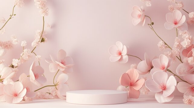 Podium mockup, lovely flowers and petals background for product display, 3d render