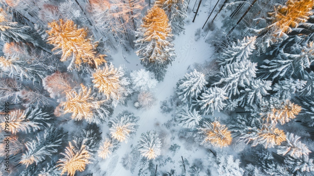 Poster Aerial view of snow-covered forest