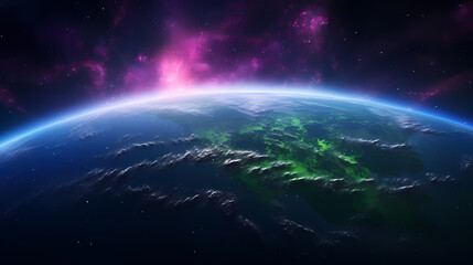Beautiful view of Earth from space, purple and green Northern Lights