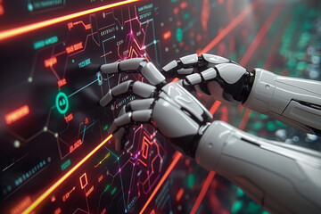 AI, Machine learning, Hands of robot and human touching on big data network connection, Data exchange, deep learning. Generative AI