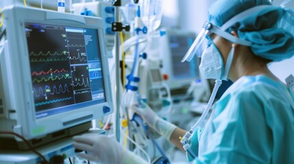 Artificial lung ventilation monitor in the intensive care unit. Nurse with medical equipment. Ventilation of the lungs with oxygen . Ai generated