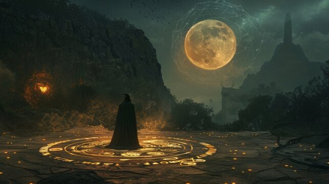 A spell circle created by ancient runes illuminated by the glow of a full moon as a lone wizard stands in its center channeling his . .