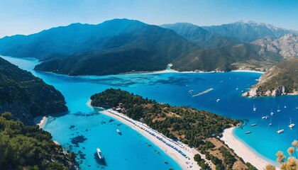 An aerial view showcasing a Mediterranean Sea bay featuring mountains, a sandy beach, and boats on...