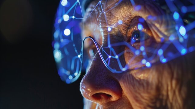 A closeup of an aging individual wearing a noninvasive brain stimulation cap designed to improve memory and cognitive function..