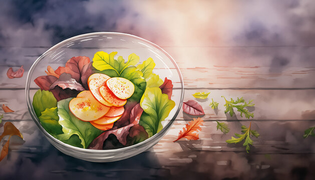 A vibrant salad with sliced eggs in a bowl, reflecting an ethereal glow, artfully presented