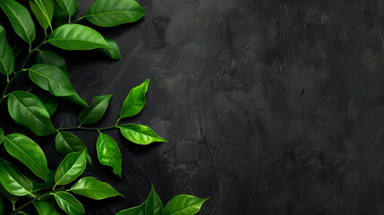 A black background with green leaves on it. The leaves are arranged in a way that they are overlapping each other