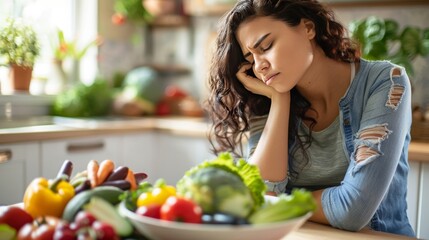 Stressed Woman in Kitchen with Healthy Vegetables