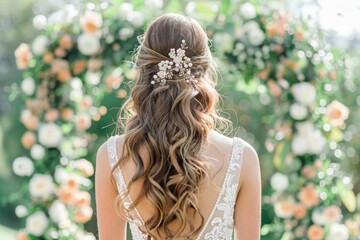 Naklejka premium Back View of Bride with Floral Hair Accessory at Outdoor Wedding. Bridal Hairstyle