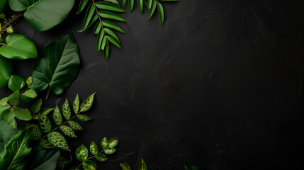 A black background with green leaves on it. The leaves are arranged in a way that they are overlapping each other