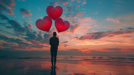 A man is standing on the beach holding three red balloons. The balloons are shaped like hearts and are floating in the air. The scene is peaceful and romantic, with the man standing alone on the beach