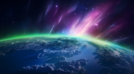 Fototapeta premium Beautiful view of Earth from space, purple and green Northern Lights